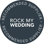 Circular badge with 'ROCK MY WEDDING' text surrounded by 'RECOMMENDED SUPPLIER' in dark gray.