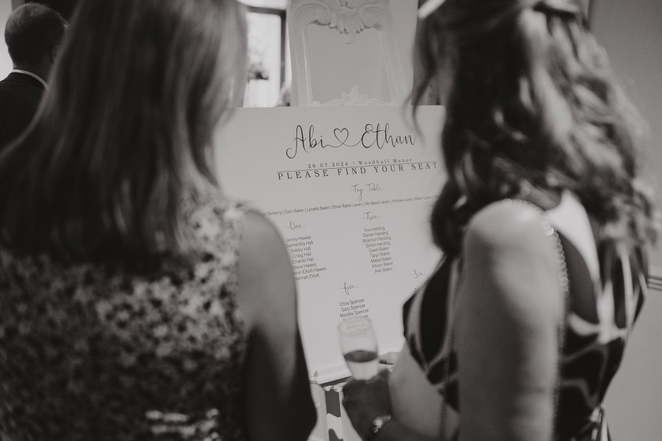 Wedding guests examining a seating chart